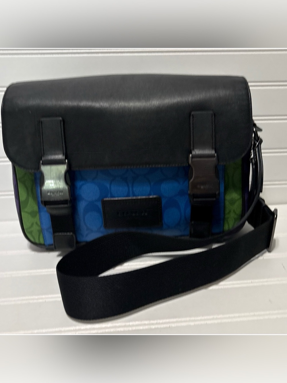 COACH Track 27 Blue Green Purple Blocked Signature Messenger Crossbody Mens Bag